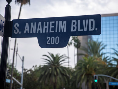 Picture of the street sign for S. Anaheim Blvd. in front of palm trees and a building