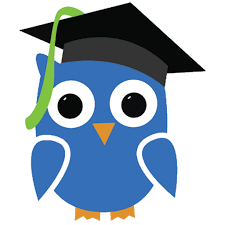 Cartoon image of a blue owl wearing a graduation cap